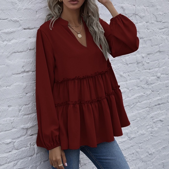 Bellanblue Tops - Boho Burgundy v neck ruffle babydoll Blouse Minimalist